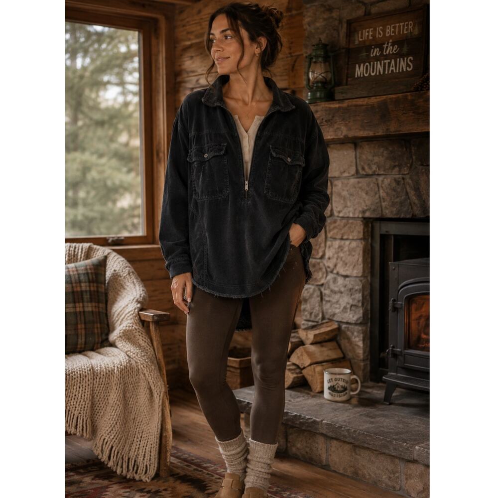 Aerie Offline Black Corduroy 1/4 Zip Pullover Oversized Shacket size M